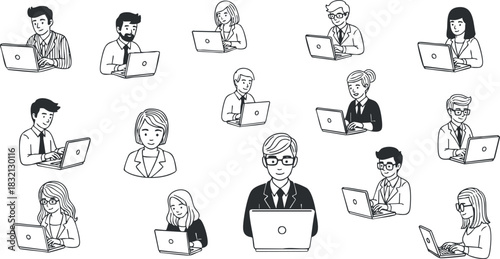 A collection of business professionals working on laptops in a minimalist black and white vector style, suitable for corporate presentations and digital communication