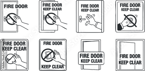 A collection of fire door safety signs with hand illustrations in flat vector style, suitable for building safety signage and emergency protocols