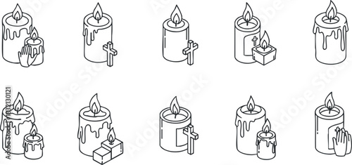 A collection of various candle illustrations in minimalist outline vector style, suitable for spiritual and decorative themes