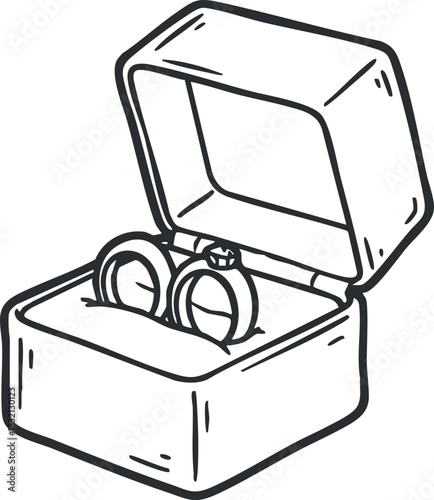 An open jewelry box with two rings inside in minimalist outline vector style, perfect for wedding and engagement designs
