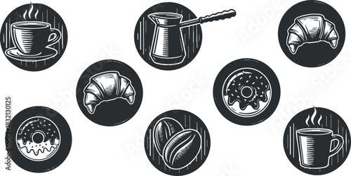 A collection of coffee, croissant, and donut icons in black and white vintage vector style, ideal for cafe branding and menus