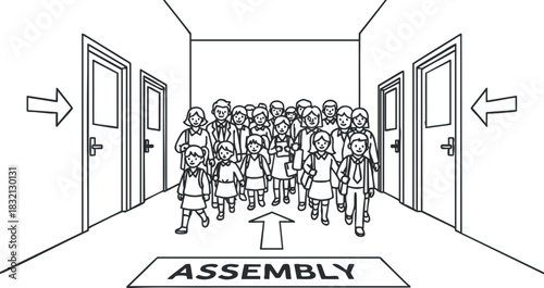 A group of children walking towards an assembly in a black and white minimalist vector style, ideal for educational materials