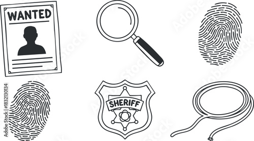 A collection of wanted poster, sheriff badge, magnifying glass, fingerprints, and rope in black and white outline vector style, perfect for crime-themed projects