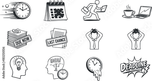A collection of work-related icons depicting deadlines, time management, and productivity in black and white vector style, ideal for business presentations and productivity apps