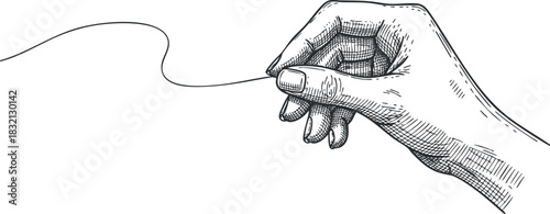 A hand holding a piece of thread in a detailed black and white line art style, ideal for sewing and crafting projects