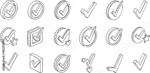 A collection of checkmark icons in outline vector style, suitable for user interfaces and design projects
