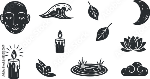 A collection of wellness and relaxation icons including a face, wave, candle, lotus, and moon in black and white outline vector style, ideal for spa and mindfulness projects