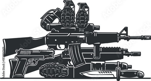 A collection of firearms including an assault rifle, grenades, and a knife in black and white vector style, suitable for military-themed designs