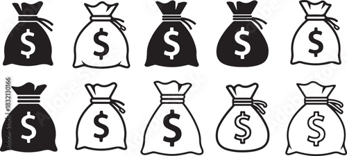 Ten Money Bags with Dollar Signs in Black and White Outline Style finance wealth
