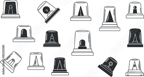 A set of emergency light beacons in flat black and white vector style, suitable for safety and emergency response designs