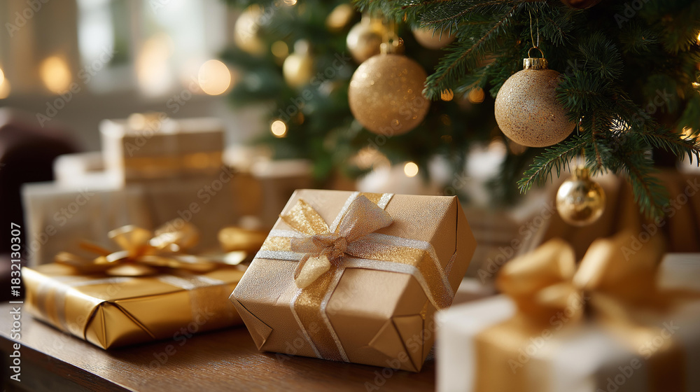 Obraz premium Christmas gifts under Christmas tree at home faceless wrapped presents defocused beige and gold shades interior background elegant gift arrangement seasonal giving display