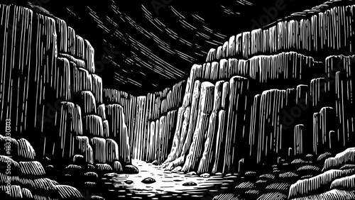 towering cliff formation with heavy darkness black and white, massive sharp stones, chilling air, and an ancient mysterious presence dominating the rugged terrain