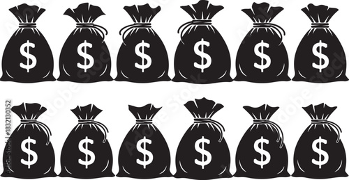 Twelve Black Money Bags With Dollar Signs In Two Rows currency finance