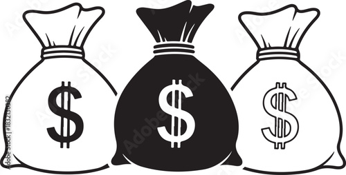 Three Money Bags With Dollar Signs In Black And White Styles currency finance