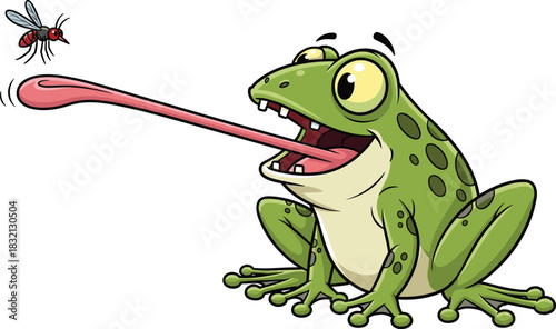 Cartoon frog catching mosquito with long tongue, funny green amphibian eating fly, cute animal vector illustration character