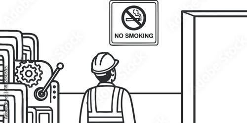 A construction worker observing a no smoking sign in a minimalist black and white vector style, suitable for safety guidelines and workplace illustrations