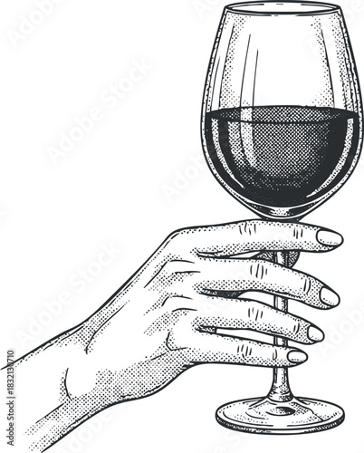 A hand holding a wine glass filled with red wine in vintage black and white sketch style, perfect for restaurant menus and wine branding