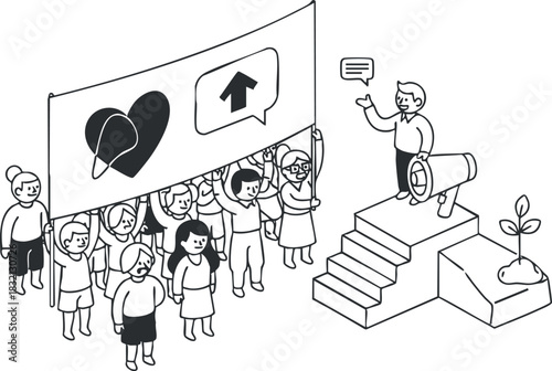 A group of diverse people holding a banner with a heart and an upward arrow in black and white outline vector style, ideal for social advocacy and community engagement