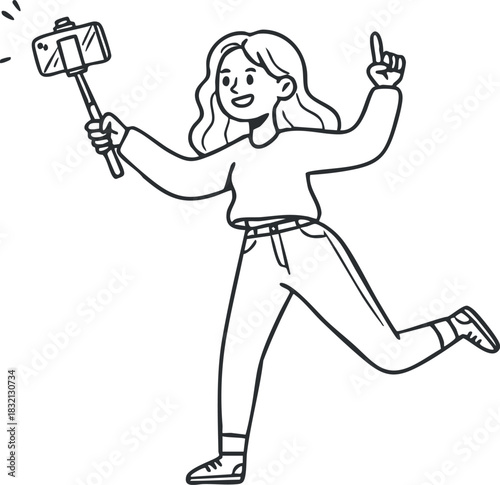 A young woman taking a selfie with a smartphone in a trendy outline vector style, perfect for social media and lifestyle illustrations