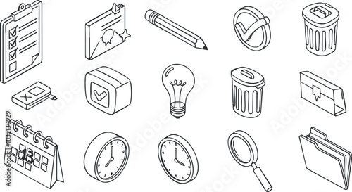 A set of outline icons including a checklist, calendar, clock, and stationery items in minimalist vector style, ideal for office and productivity themes