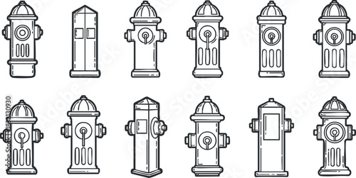 A collection of various fire hydrants in black and white outline vector style, suitable for urban design and safety illustrations