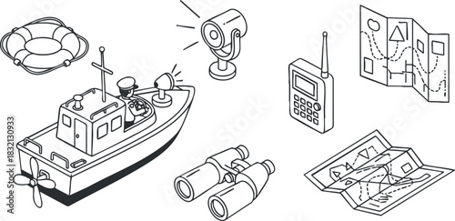 A collection of nautical elements including a boat, lifebuoy, binoculars, camera, radio, and maps in outline vector style, perfect for maritime design projects
