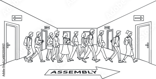 A group of people walking towards an assembly area in a minimalist line art vector style, suitable for business or workplace illustrations