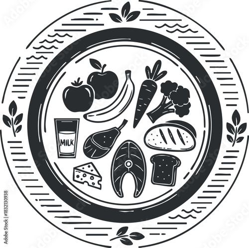 A round plate featuring a variety of foods including fruits, vegetables, dairy, and protein in black and white outline vector style, ideal for health and nutrition projects