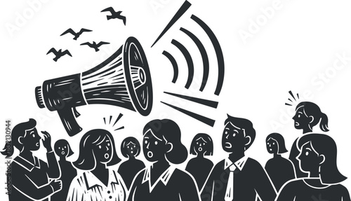 A crowd of people reacting to a megaphone in black and white vector style, suitable for social awareness and communication themes