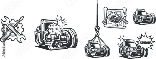 A collection of engine mechanics and repair tools in black and white vector style, ideal for automotive service branding