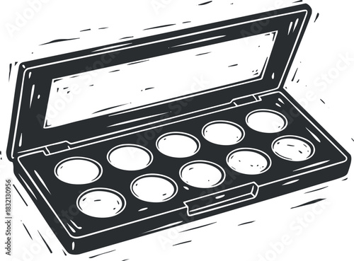 An illustrated makeup palette with empty circular compartments in black and white outline vector style, ideal for beauty branding and cosmetics design
