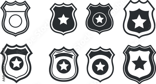 A collection of police badges and shields featuring stars in black and white outline vector style, ideal for law enforcement themes