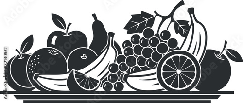 A collection of various fruits including bananas, grapes, apples, and oranges in black and white vector style, suitable for healthy food illustrations