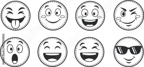 A set of playful emoticons featuring various facial expressions in a black and white outline vector style, suitable for social media and communication designs