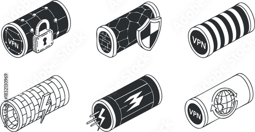 A collection of VPN-related icons including a lock, shield, and lightning bolt in flat outline vector style, ideal for tech and cybersecurity projects