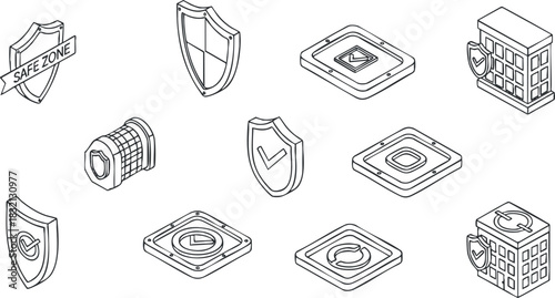 A collection of safety zone icons featuring shields and badges in outline vector style, ideal for digital security designs