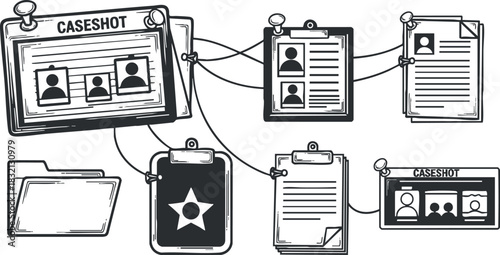 A collection of case files and document clips in black and white outline vector style, suitable for legal and investigative design projects
