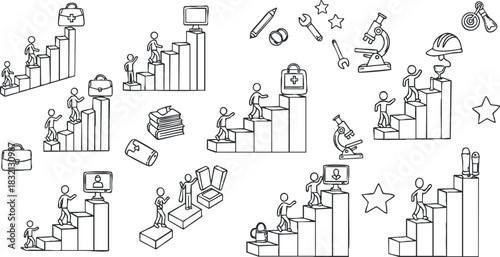 A collection of stick figures climbing stairs with various icons representing business and career growth, in a black and white line art style, suitable for motivational and educational content