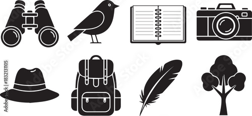 Nature exploration icons set binoculars bird notebook camera hat backpack feather tree.