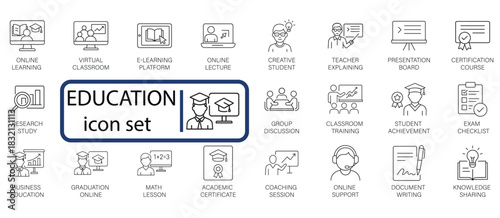 Minimalist E-Learning Vector Outline Icons Set. Perfect for UI/UX, apps, and web. Includes virtual classroom, study, academic, and webinar symbols.