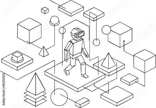 A 3D avatar character exploring a virtual reality environment with geometric shapes in minimalist outline vector style, ideal for tech and gaming projects