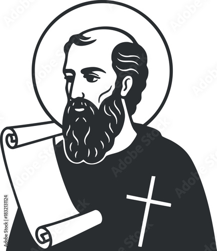 A portrait of a saint holding a scroll in black and white minimalist vector style, suitable for religious illustrations and iconography