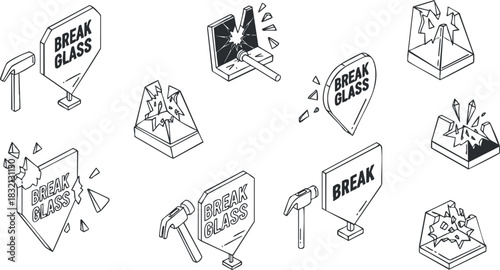A collection of break glass emergency icons in outline vector style, suitable for safety signage and emergency response materials