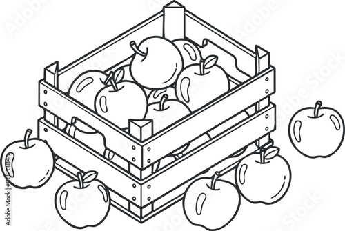 A wooden crate filled with apples in black and white outline vector style, suitable for agricultural branding and food packaging