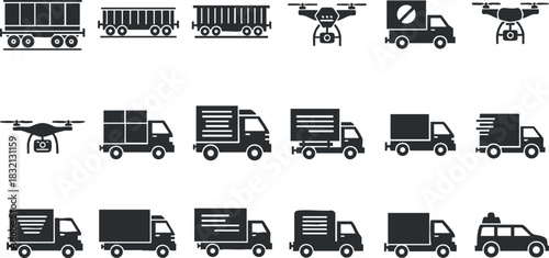 A collection of delivery trucks and drones in black and white modern vector style, ideal for logistics and transportation themes