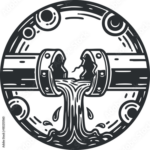 A broken pipe leaking water in a circular black and white graphic illustration style, suitable for environmental awareness projects