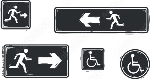 A collection of running and accessibility signs in black and white minimalist vector style, ideal for public space navigation