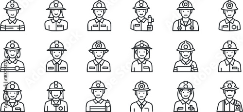 A set of emergency service icons featuring police officers and firefighters in clean outline vector style, suitable for public service graphics