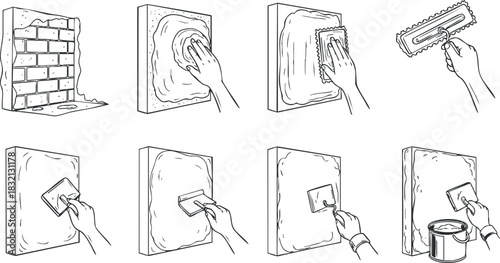 A set of illustrations showing the step-by-step process of plastering a wall in black and white line art style, ideal for construction tutorials and DIY projects