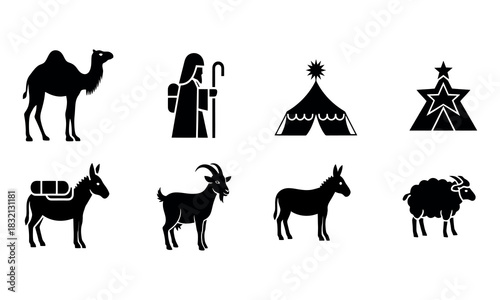 A collection of black silhouette icons depicting desert animals and figures often found in biblical narratives